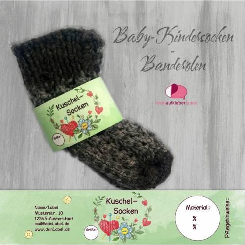 6 Baby - Sockenbanderolen: Kuschelsocken - grün Herz - personalisierbar | mit transparente Klebepunkte