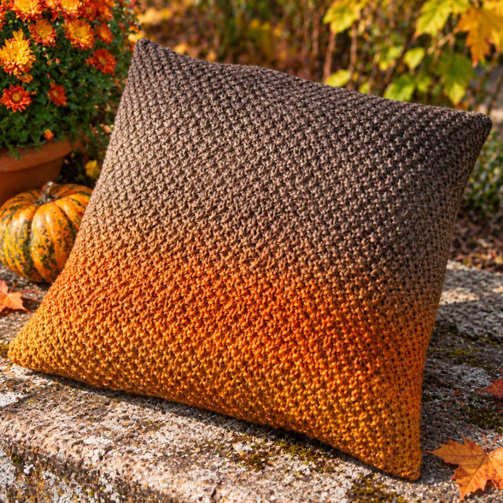 Handgestrickte Kissenhülle Kissenbezug 40x40 cm im Farbverlauf Orange bis Schwarz – Unikat aus Wolle & Stoff