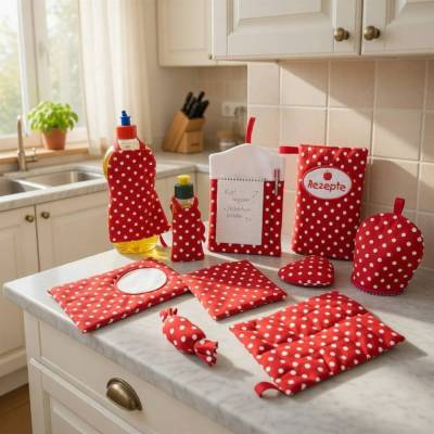 Stickdatei In the Hoop XXL Set: Küche Spülschürze, Topflappen, Eierwärmer, Mug Rug,Herz