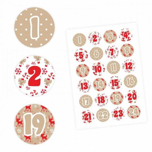 24 Adventskalender Zahlen Aufkleber ROT/BEIGE - rund 4 cm Ø - Sticker Weihnachten zum basteln dekorieren DIY