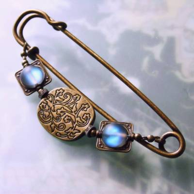 Große bronze Kiltnadel mit Blüten Ornament und Perlen schimmernd wie Labradorit N10-AB-29