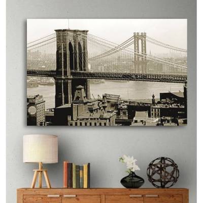 Grosses Wandbild Brooklyn Bridge New York 1908 -  Vintage Schwarz-Weiss Fotografie - sepia Leinwanddruck