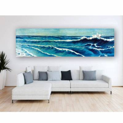 Blue Waves - Japanische Kunst - Leinwand Bild marineblau - Giclee - Kunstdruck - Abstrakt - Wandbild - Panorama Format