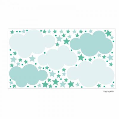 142 Wandtattoo Wolken, Sterne und Punkte Set mint weiß - 87 Stück - in 6 vers. Größen - süße Baby Kinderzimmer Wanddeko Aufkleber Sticker