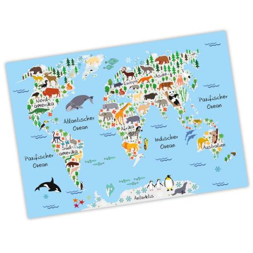 bezaubernde Kinder Weltkarte Grau A3/ A2/ A1 *nikima* in 3 verschiedenen Größen Kontinente Amerika, Europa, Afrika, Tiere, Orca