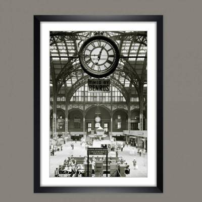 Wandbild Kunstdruck gerahmt 39 x 54 cm New York, Uhr Bahnhof Penn Station,  Vintage Style, Schwarz weiß Fotografie