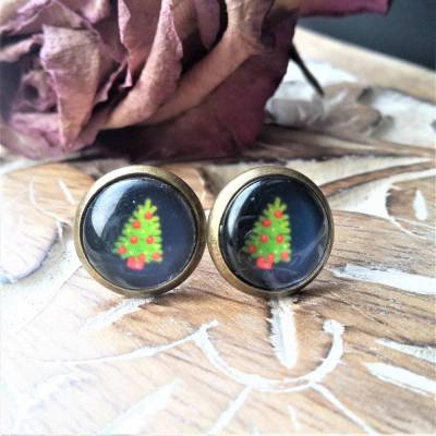 Weihnachtsbaum Ohrringe und Ringe Tannenbaum Cabochonschmuck verschiedene Fassungen 