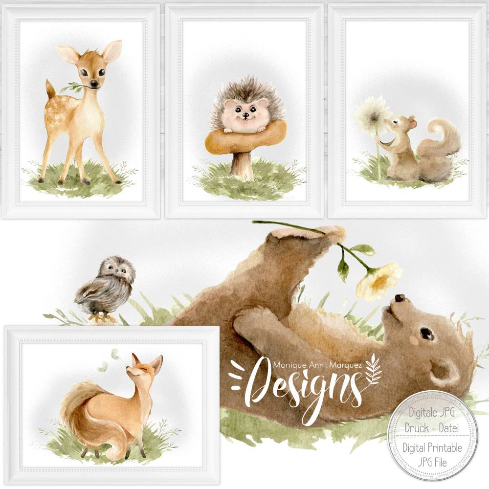Druckbare Kinderzimmer Bilder Kinder Bild Waldtiere in A4 & A3 |SET 109 Bild 1