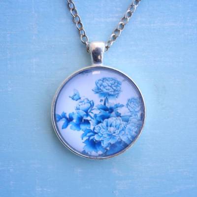 Glascabochon Kette blau weiß /// ABVERKAUF