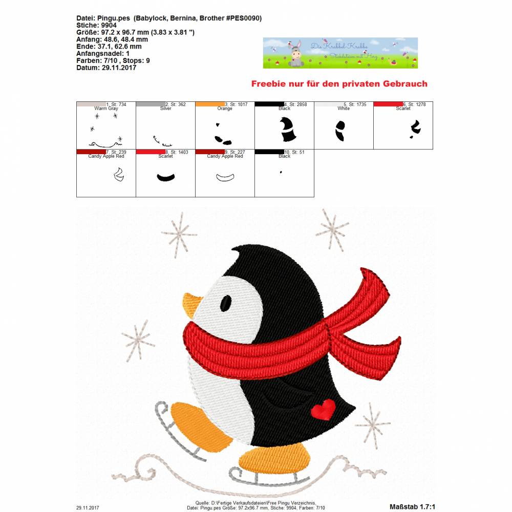 Freebie -Kostenlose Stickdatei Pingui 10x10cm Bild 2