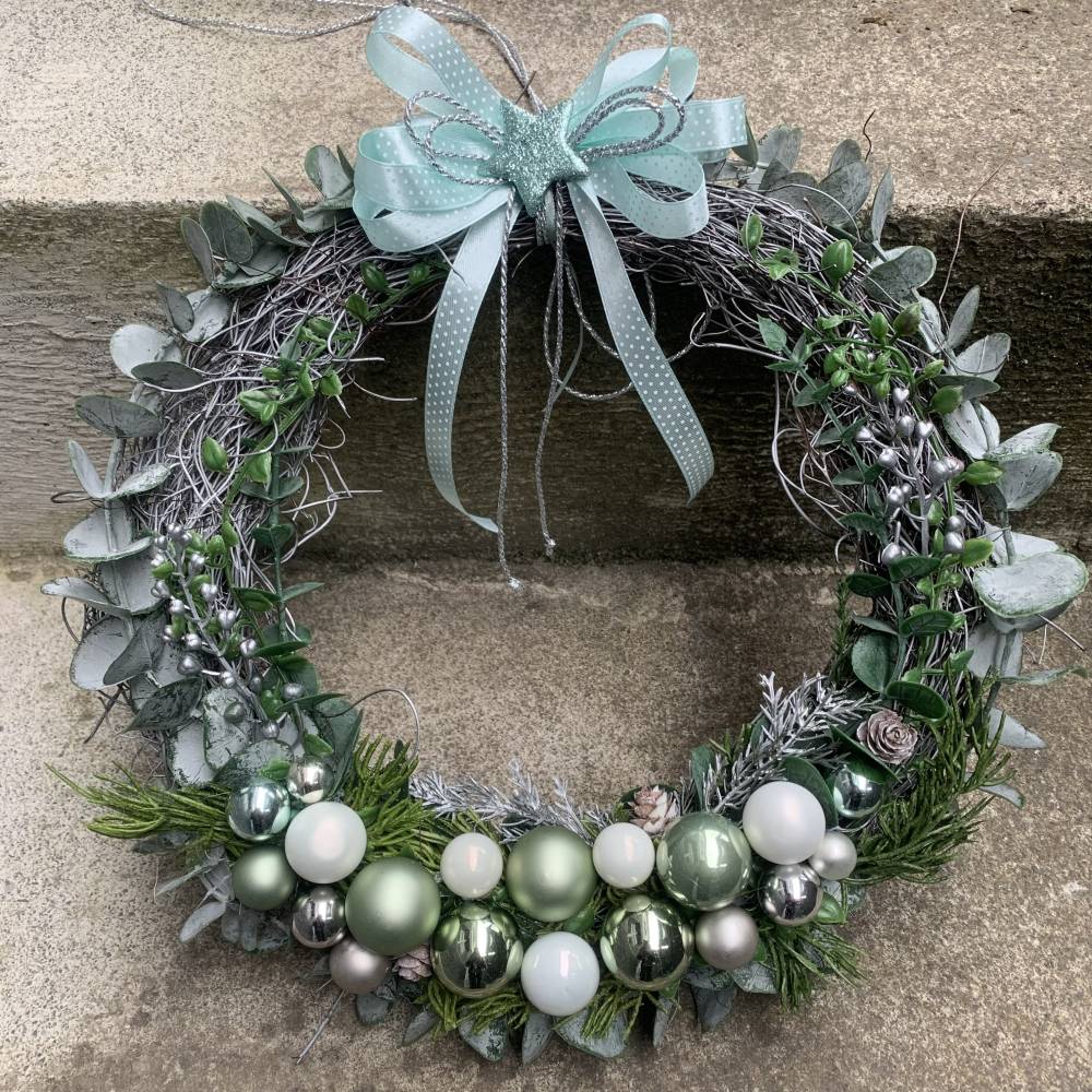 MODERNER TÜRKRANZ KRANZ mint grau silber weiss Advent Weihnachten Eukalyptus