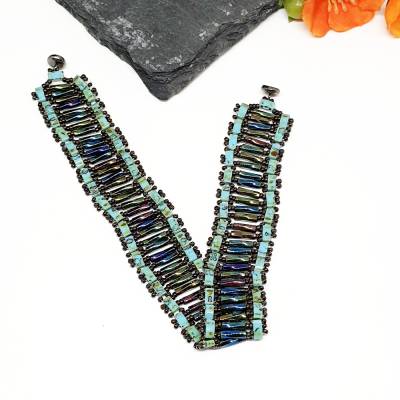 Armband mit Stabperlen | türkis braun blau-bunt | 18,5cm | Neodym-Magnetverschluss