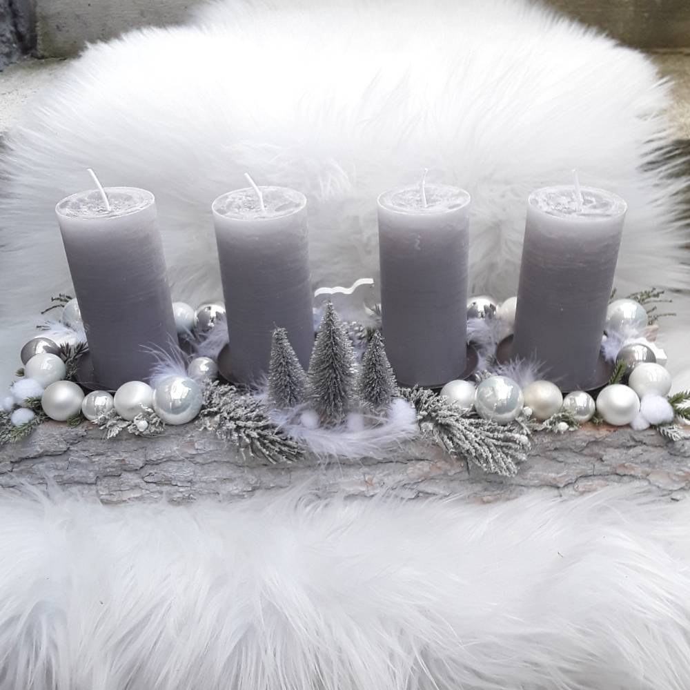 BESONDERER ADVENTSKRANZ weiss grau silber länglich lang vintage shabby rustic Kerzen