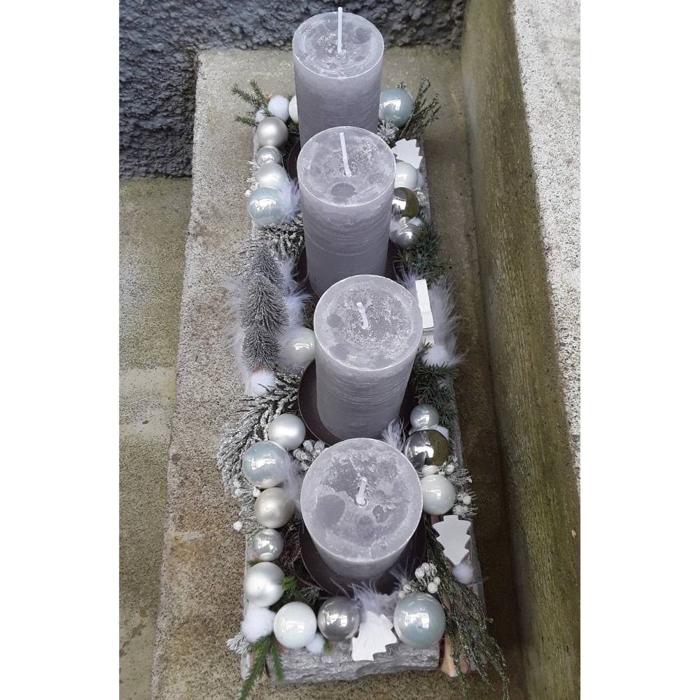 BESONDERER ADVENTSKRANZ weiss grau silber länglich lang vintage shabby rustic Kerzen