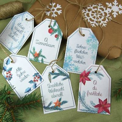 Geschenkanhänger Geschenk Anhänger Weihnachten Tag Geschenk-Tag Aquarell Natur botanisch Pflanzen Weihnachtslieder Liedtext Karte Verpacken