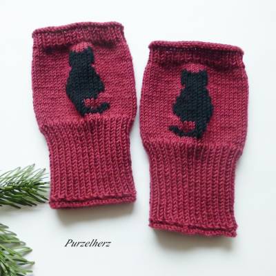 Große - 1 Paar handgestrickte Pulswärmer mit Katze/Kater - Handstulpen,Armstulpen,Frauen,Damen,weich,weinrot, schwarz