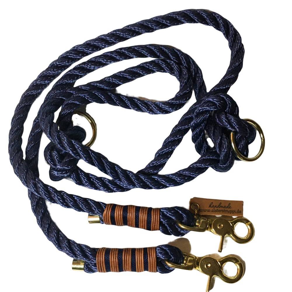 Hundeleine verstellbar Tau navy blau mit Leder AlsterStruppi
