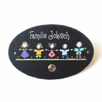 Klingelschild Schiefer oval – individuelles Familienschild mit Klingeltaster & Wunschbeschriftung
