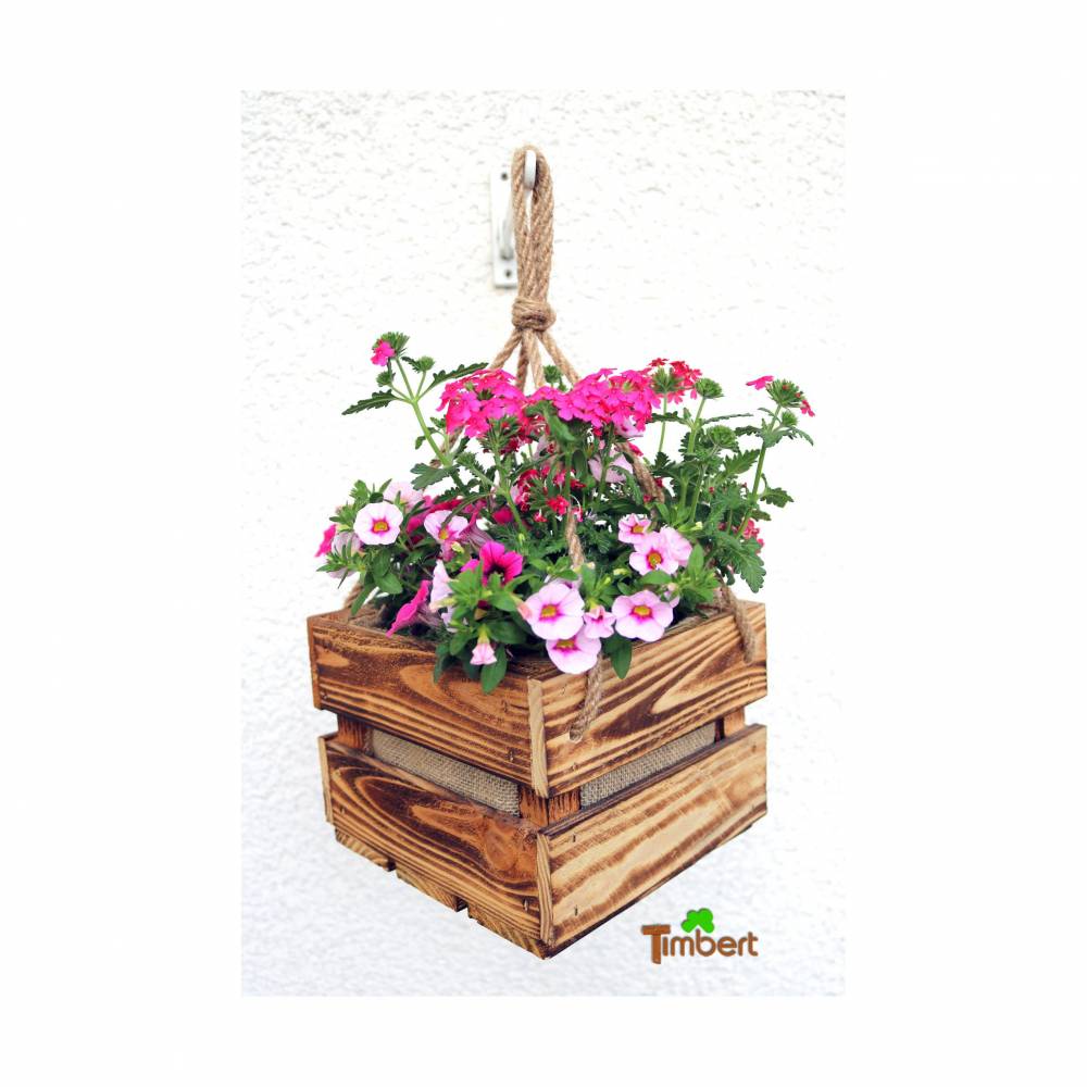 RUSTIKALE Holzkiste als BLUMENAMPEL Kleine Geflammte Obstkiste zum aufhängen BLUMENKISTE Blumentopf Holz Übertopf Vintag