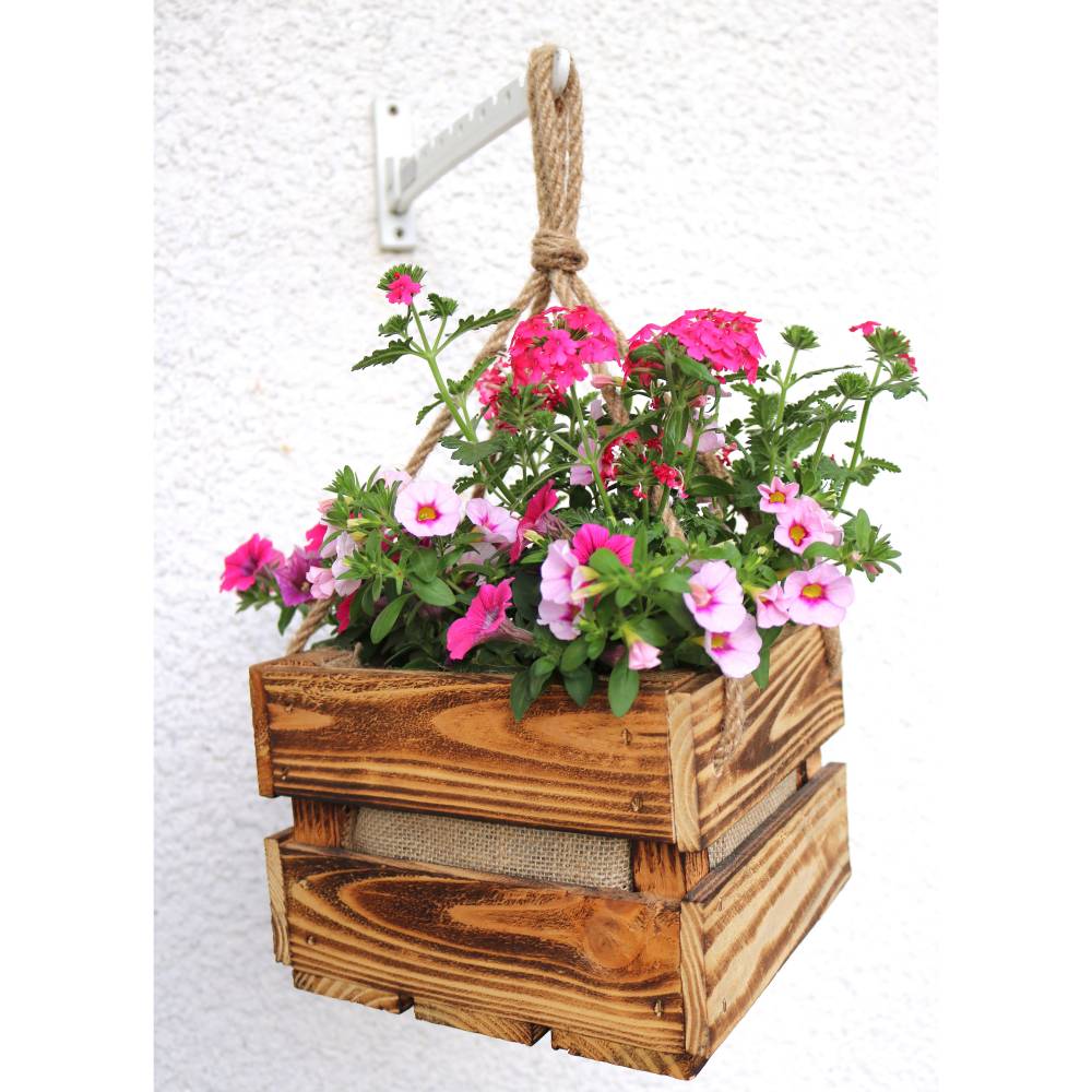 RUSTIKALE Holzkiste als BLUMENAMPEL Kleine Geflammte Obstkiste zum aufhängen BLUMENKISTE Blumentopf Holz Übertopf Vintag