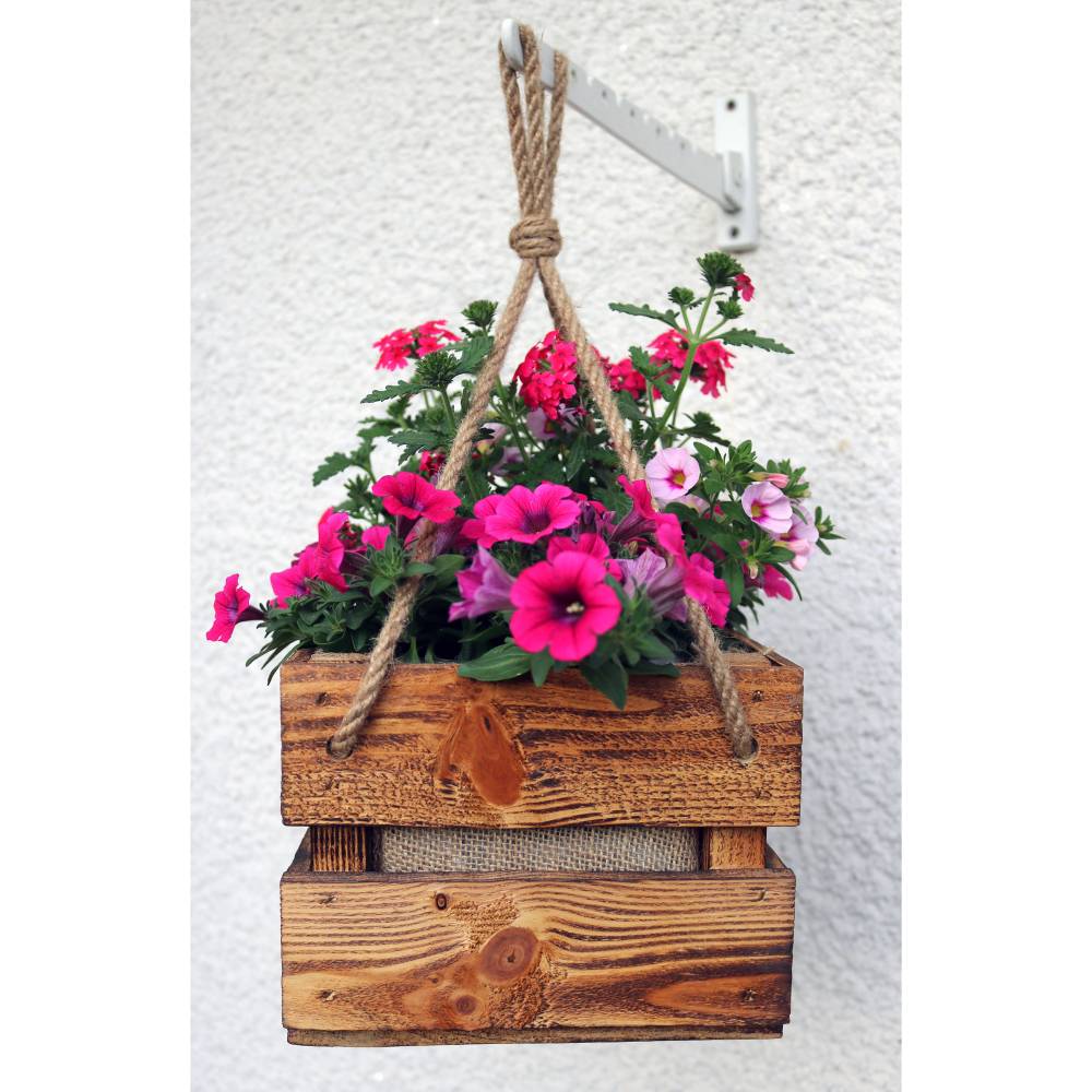 RUSTIKALE Holzkiste als BLUMENAMPEL Kleine Geflammte Obstkiste zum aufhängen BLUMENKISTE Blumentopf Holz Übertopf Vintag