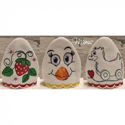 3x * Ei - Ei - Eierwärmer perfekt für den Oster - Frühstückstisch - Huhn, Ente, Erdbeere *  ITH / Stickdatei