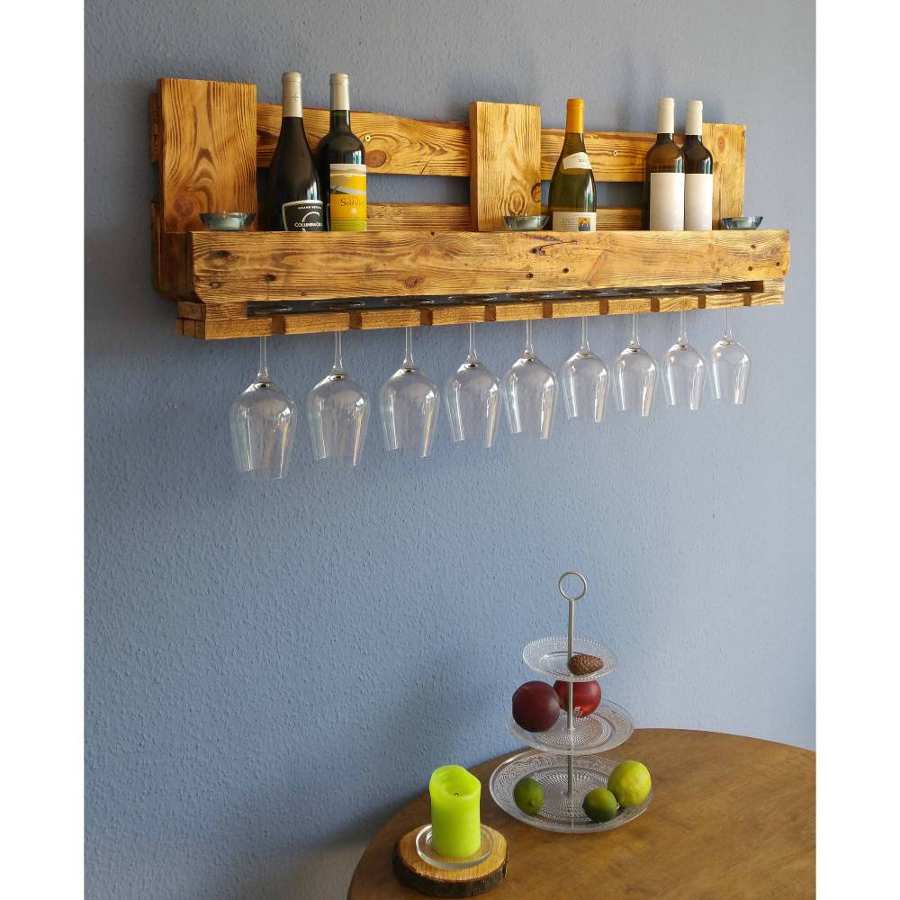 WEINREGAL Rustikal PALETTENREGAL Flaschenregal mit Glaseinhängung Vintage Wandregal Hängeregal Holz Küchenregal Holzregal Shabby Industrial