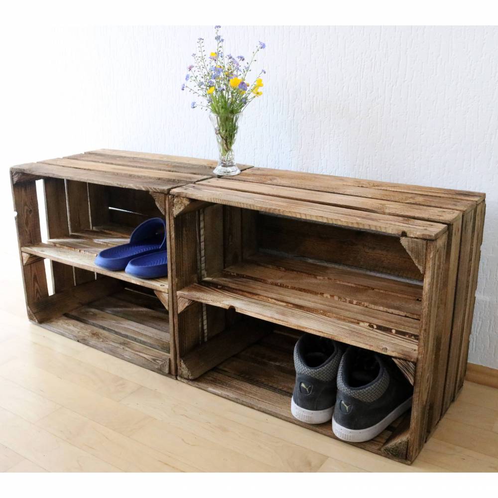 3er SET ALTE OBSTKISTEN Schuhregal mit Zwischenbrett Geflammte Holzkisten Apfelkiste Mittelbrett Vintage Wandregal Holz