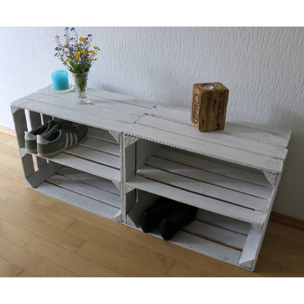 ALTE WEIßE OBSTKISTEN mit weißem Zwischenbrett SCHUHREGAL Holzkiste mit Einlage Apfelkisten Wandregal Holz Regalboden Schrank Antik Shabby Chic