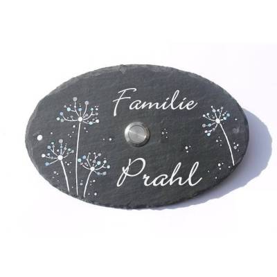 Klingelschild Schiefer Oval Pusteblume Blau mit Wunschname & Klingeltaster – Handgemalt & Wetterfest