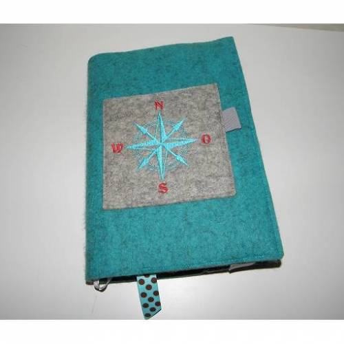 Kalenderhülle aus Wollfilz, bestickt mit einem Kompass, Fächer für Visitenkarten, variabler Einband, Band für Stift, passend für viele Kalender, handgemacht von Dieda