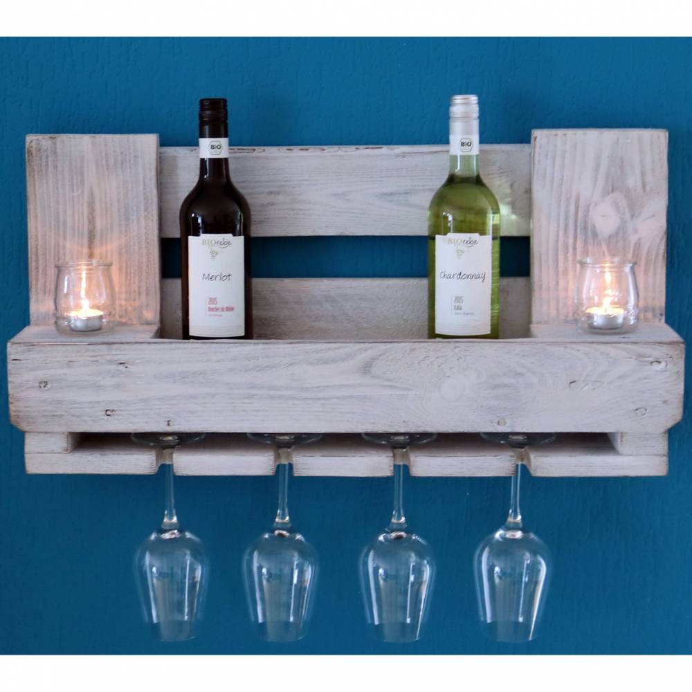Vintage WEINREGAL aus EURO-PALETTEN Wand Regal Holz Palettenmöbel Rustikal Shabby Chic Weiß Altholz Flaschenregal Küche Industrial Ländlich