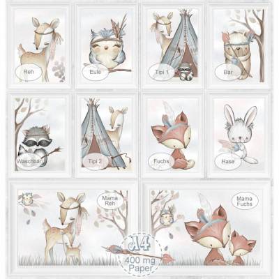 SPARPAKET selbst MIXEN (SET 30) Kinderzimmer Bilder Babyzimmer Bild Kunstdruck Waldtiere A4