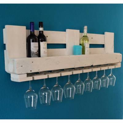 WEINREGAL aus recycelten EURO-PALETTEN Palettenmöbel Wandregal für 8 Weinflaschen mit Glaseinhängung Holzregal Handgefertigt in Shabby Weiß
