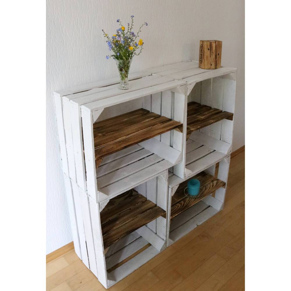 4er Set ALTE WEIßE OBSTKISTE Vintage Schuhregal Einlage Altholz Holzkiste mit Zwischenbrett Apfelkiste + Zwischenboden Shabby Chic Rustikal