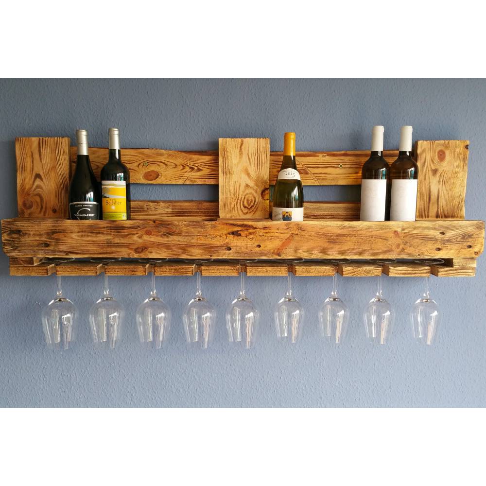 Vintage WEINREGAL PALETTE Regal aus Holz RUSTIKAL Flaschenregal Altholz Wandregal Hängeregal Geschenk Holzregal Wein Bar Gläser Industrial
