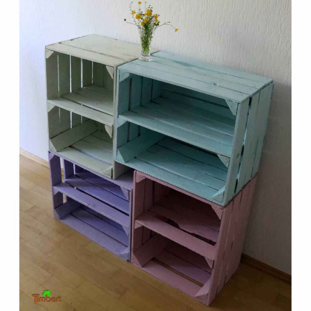 2er Set ALTE FARBIGE OBSTKISTEN mit Zwischenbrett Holzkisten in Pastellfarben Apfelkisten Mittelbrett Wandregal Holz Deko Shabby Schuhregal