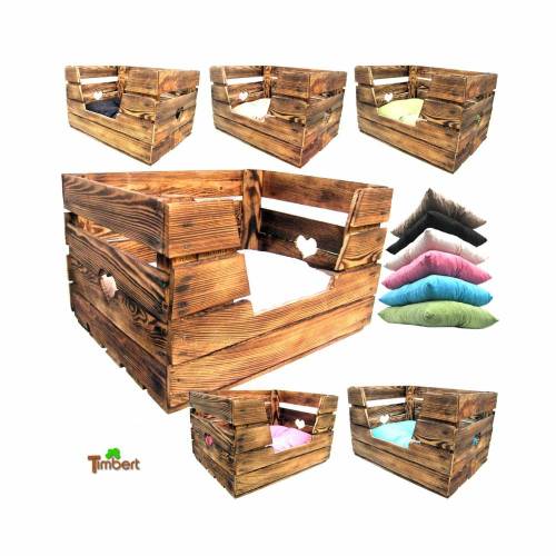 Vintage HUNDEKORB / KATZENKORB inkl. Liegekissen TIERBETT für Katze / Hund aus Obstkisten Körbchen Holz Kiste Altholz Schlafplatz Rustikal