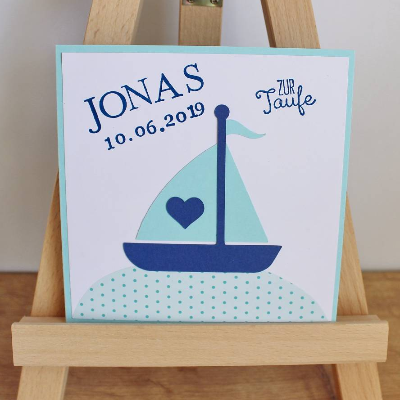 Personalisierte Glückwunschkarte Segelschiff zur Taufe – Handgefertigt, individuell wählbar, 12,5 x 12,5 cm