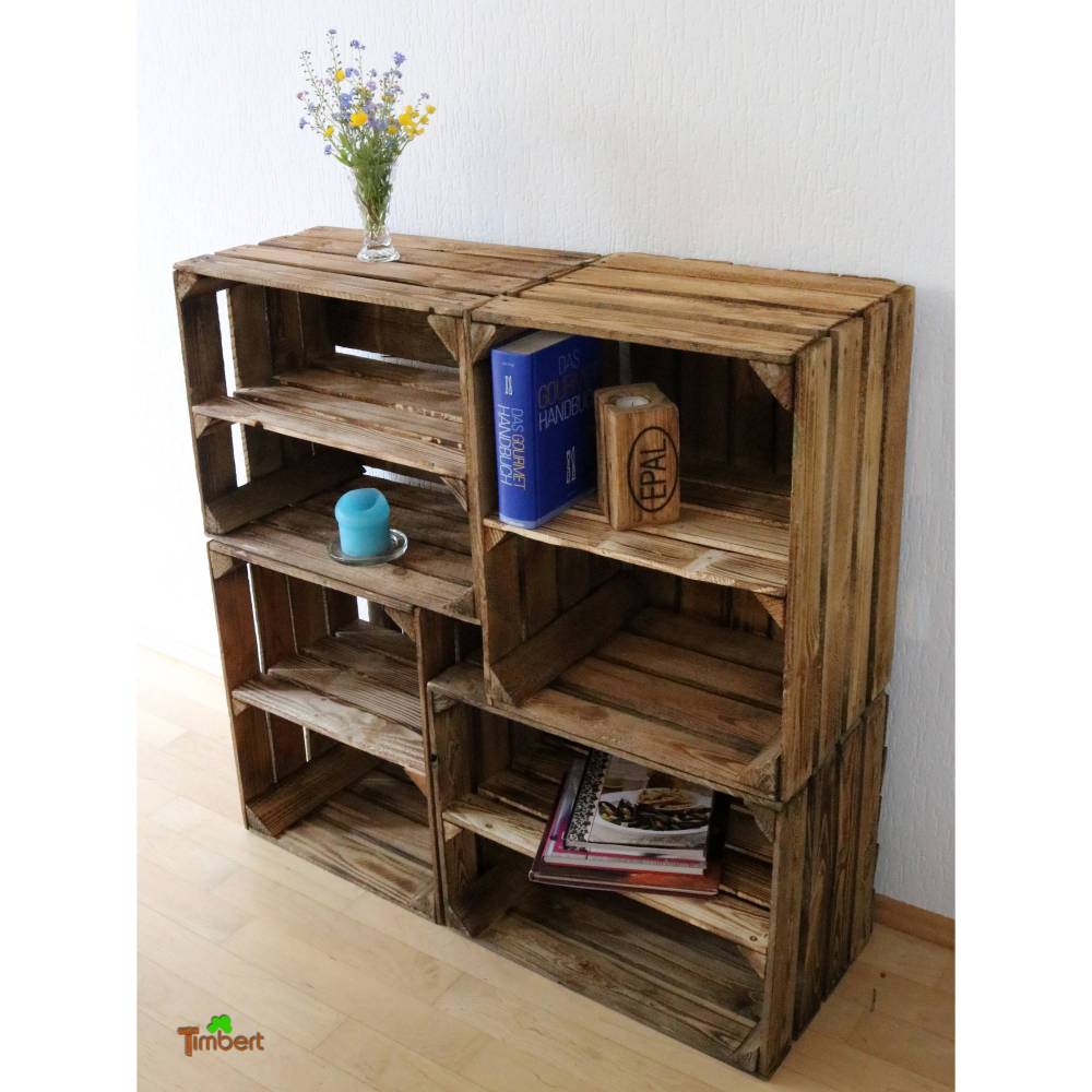 4er Set ALTE OBSTKISTEN Geflammt mit Einlage Holzkisten Apfelkisten mit Mittelbrett Vintage Wandregal Holz Rustikal Deko Shabby Schuhregal