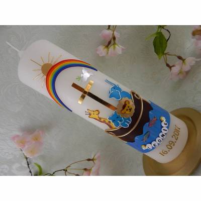Taufkerze Arche Noah  250/70 mm Tiere Regenbogen Fische Sonne Wasser Namenskette Name Datum Spruch individualisierbar Jungen Mädchen