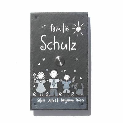 Klingelschild Schiefer personalisiert mit Wunschname & Figuren – Familienschild mit Klingeltaster