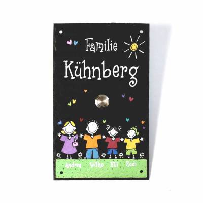 Klingelschild Schiefer Familie Wunschname – Personalisiertes Türschild mit Klingeltaster, handbemalt & wetterfest