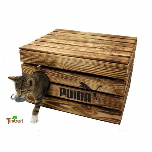 Rustikale Katzentruhe aus Holz Katzenhöhle in Obstkisten Design Katzenkorb mit Deckel für Katzen Katzenbett Holzkiste mit Kissen Schlafplatz