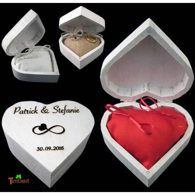 RINGBOX aus HOLZ Herz Ringkissen mit GRAVUR Hochzeit Schatulle Ringkästchen in weiß für Eheringe Holzbox Herzform Graviert Personalisiert