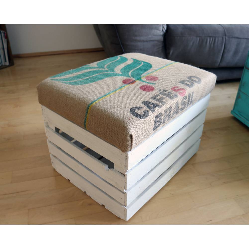 Vintage HOCKER OBSTKISTE mit KAFFEESACK Sitz rustikale Holzkiste original Kaffeesack Sitzhocker Jute Polster Holz Truhe Geschenk zum Einzug