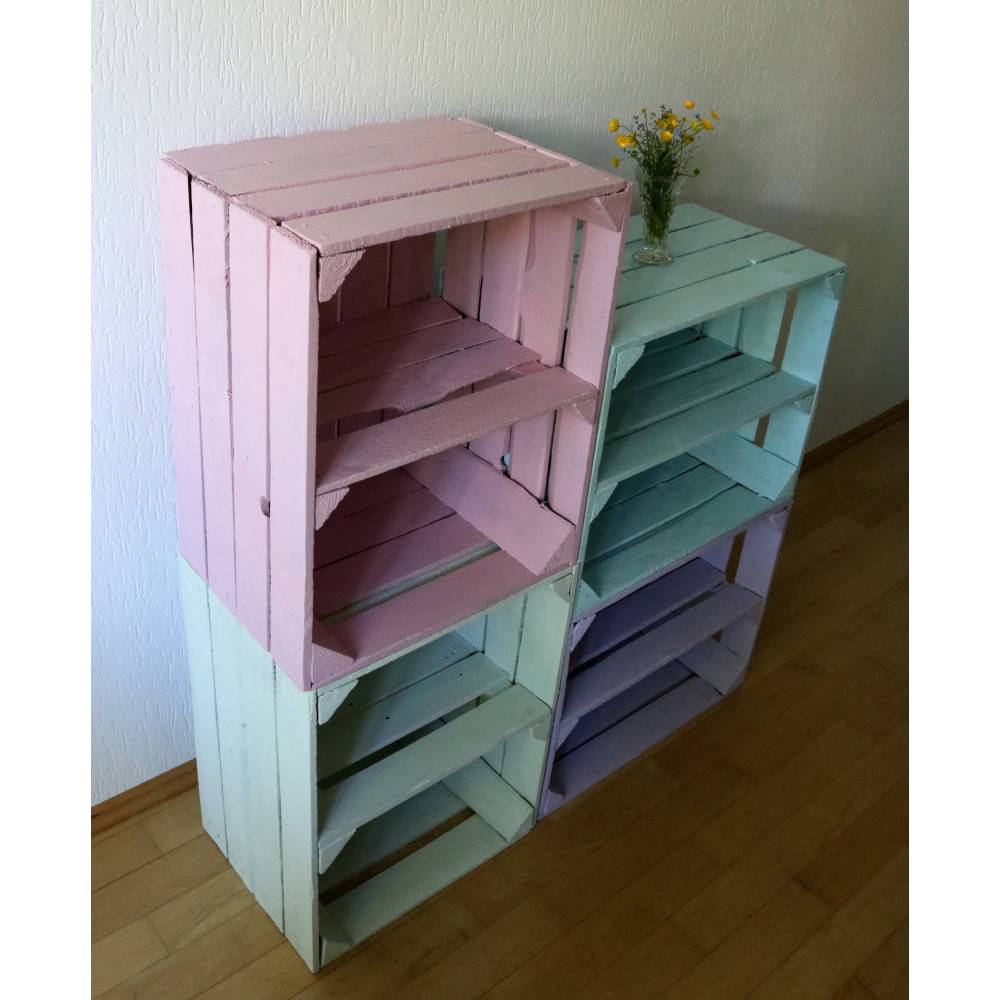 4er Set ALTE FARBIGE OBSTKISTEN mit Zwischenbrett Holzkisten in Pastellfarben Apfelkisten Mittelbrett Wandregal Holz Deko Shabby Schuhregal