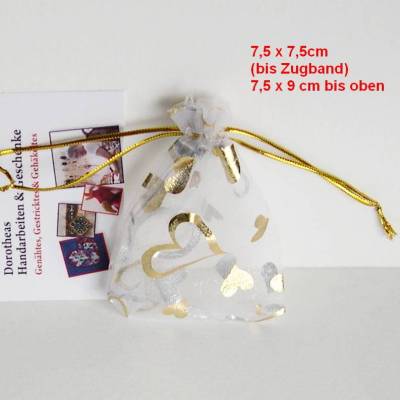Organzasäckchen 5er Set 7,5x9 cm – Schmuckbeutel weiß mit goldenen Herzen, Geschenkverpackung Valentinstag