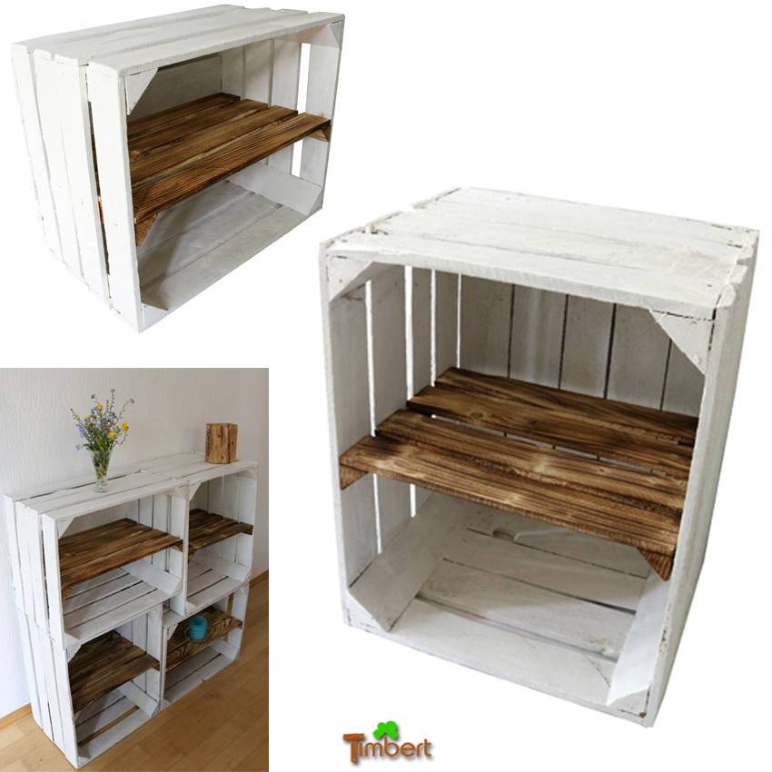 SCHUHREGAL Alte WEIßE OBSTKISTE mit Zwischenbrett Stabile Holzkisten mit Zwischenboden Apfelkiste Regal Vintage Kisten Bücherregal Shabby