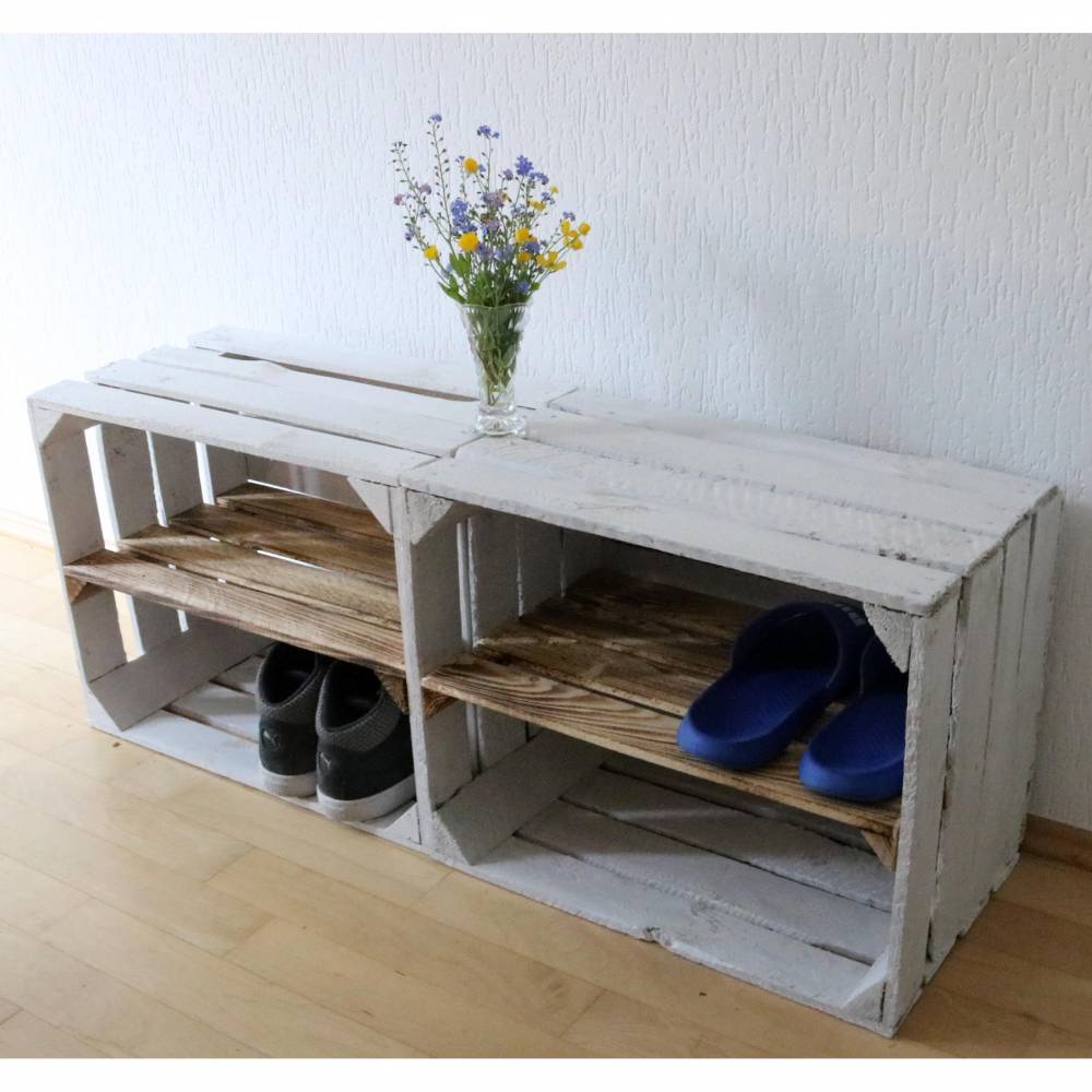 SCHUHREGAL Alte WEIßE OBSTKISTE mit Zwischenbrett Stabile Holzkisten mit Zwischenboden Apfelkiste Regal Vintage Kisten Bücherregal Shabby